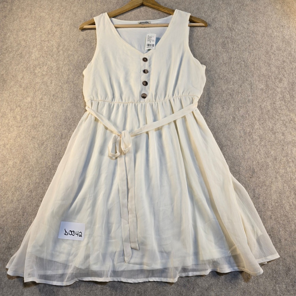 Camellia White Sleeveless Chiffon Dress V-Neck Button Detail Tie Waist Small NWT